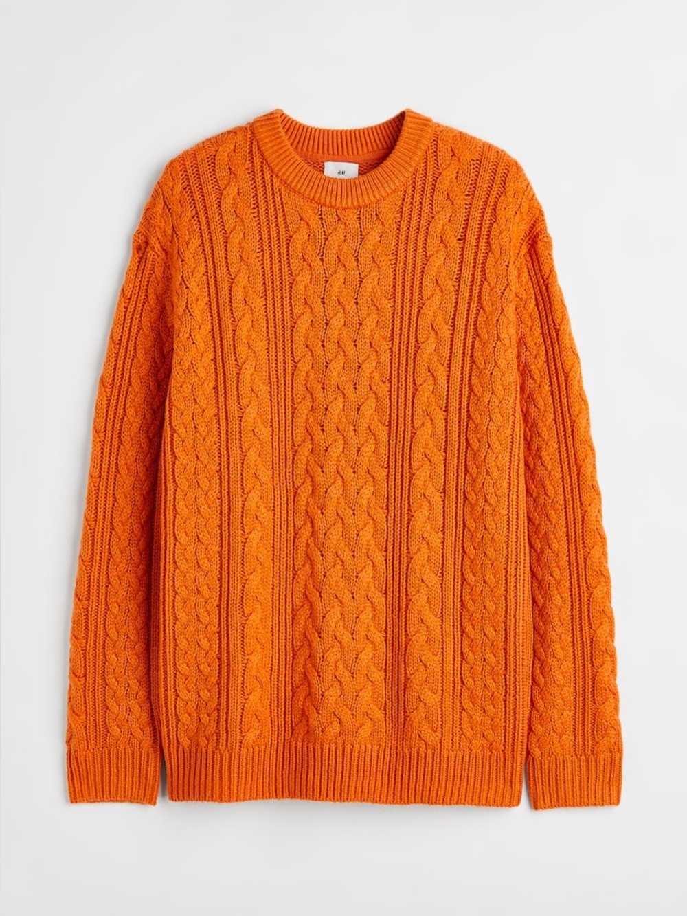 H&M Bright Orange Cable Knit Crew Sweater, Relaxed Fit, Size Medium